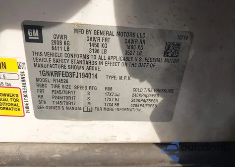 2015 Chevrolet Traverse Ls z USA, uszkodzony, nr VIN 1GNKRFED3FJ194014